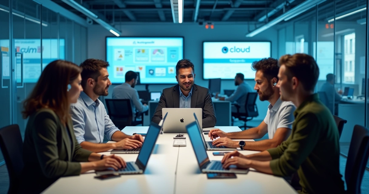 Equipe de suporte da Clooud auxiliando clientes em sala empresarial moderna 