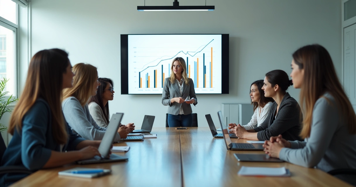 Equipe diversa de profissionais em treinamento de vendas digitais. 