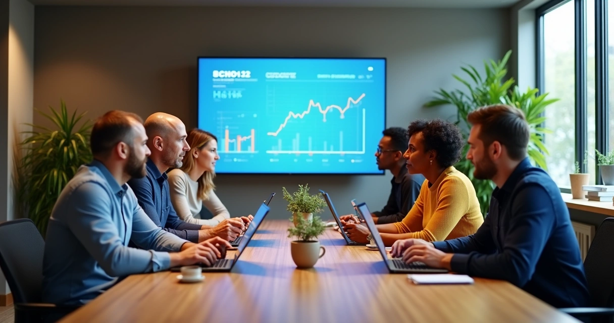 Equipe reunida em ambiente digital de vendas 