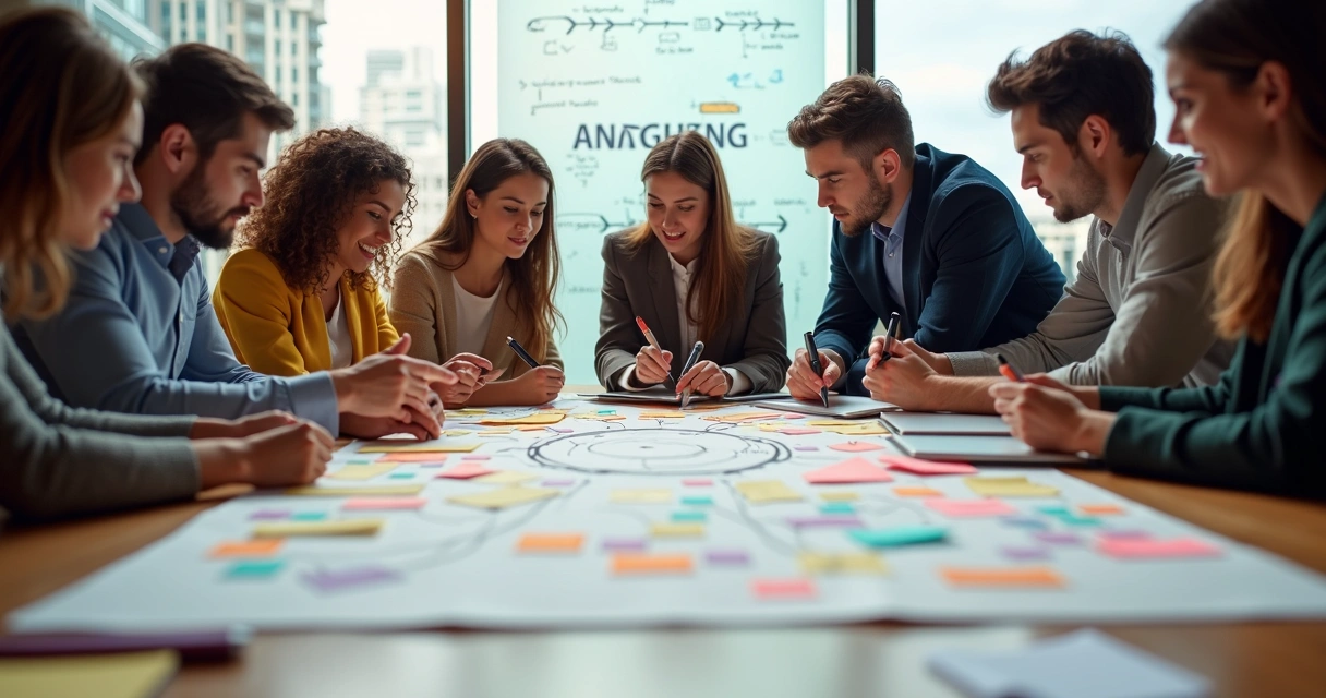 Equipe reunida em torno de mesa co-criando ideias com post-its coloridos 