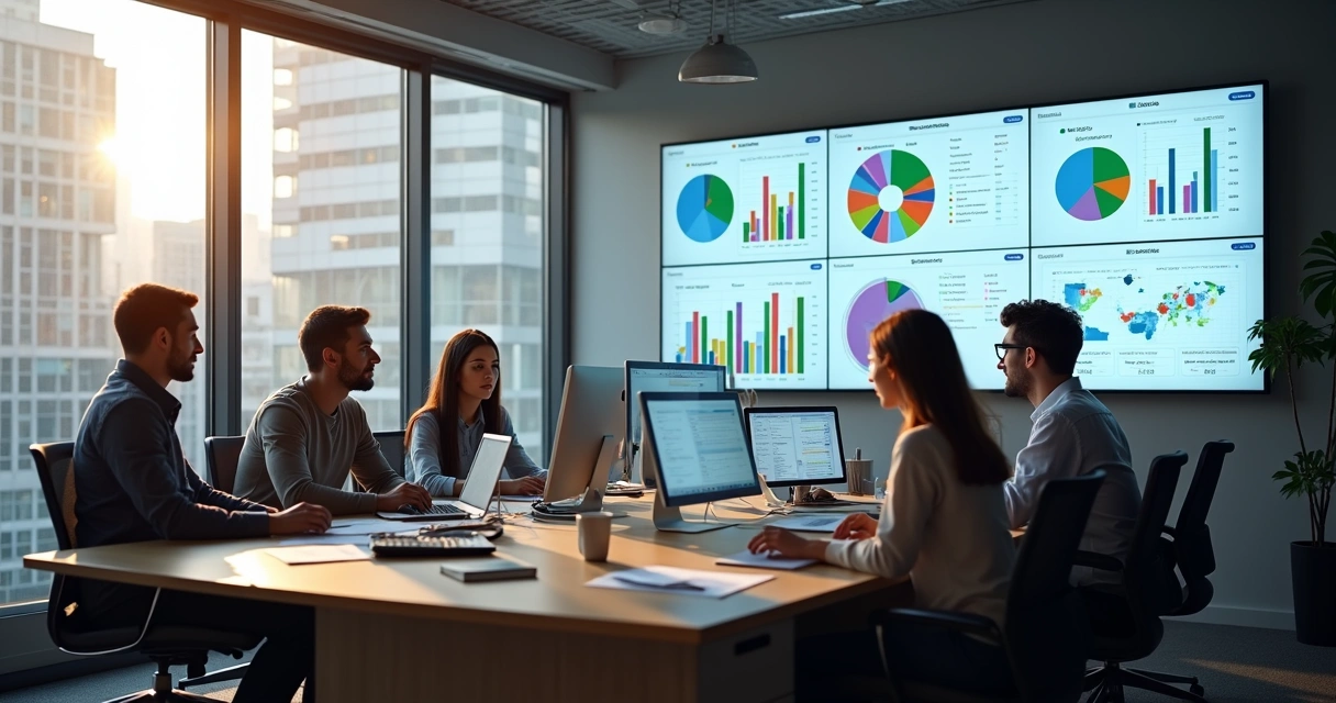 Equipe financeira reunida em torno de computadores e telão exibindo carteiras de cobrança segmentadas 