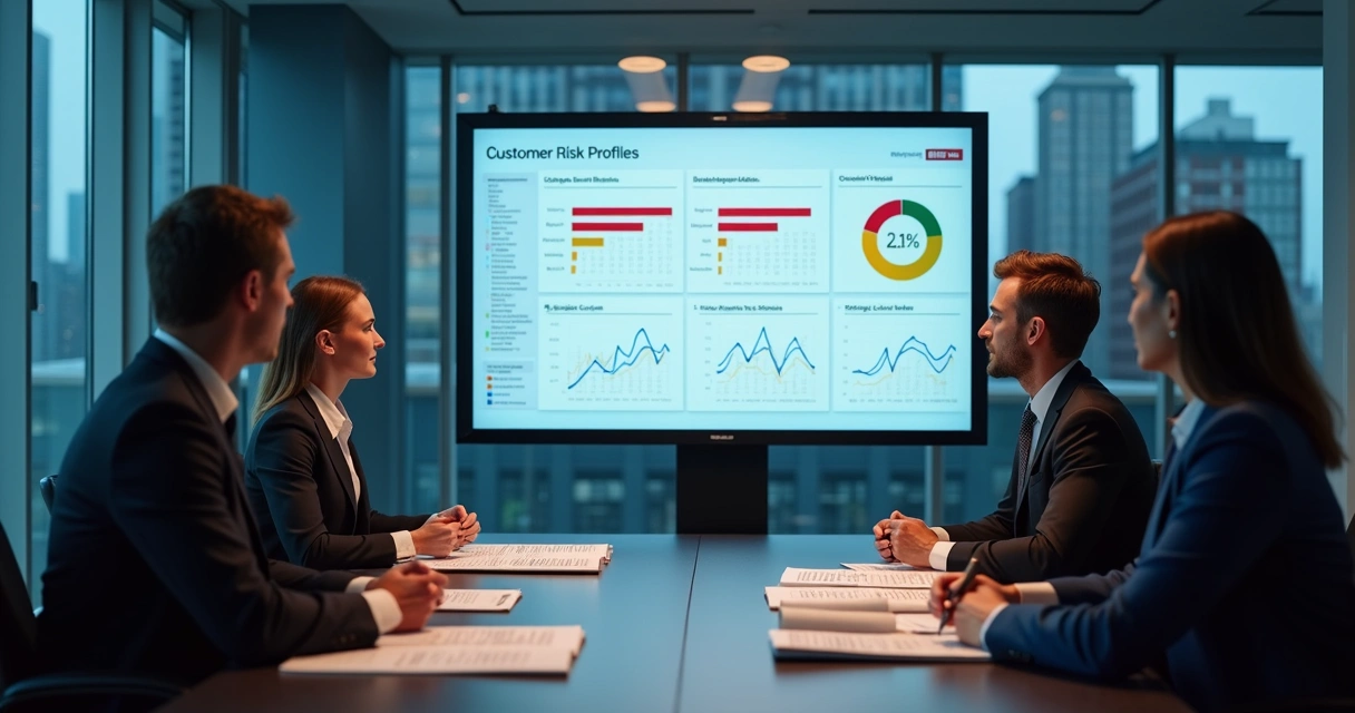 Equipe avaliando dados de clientes em painel digital