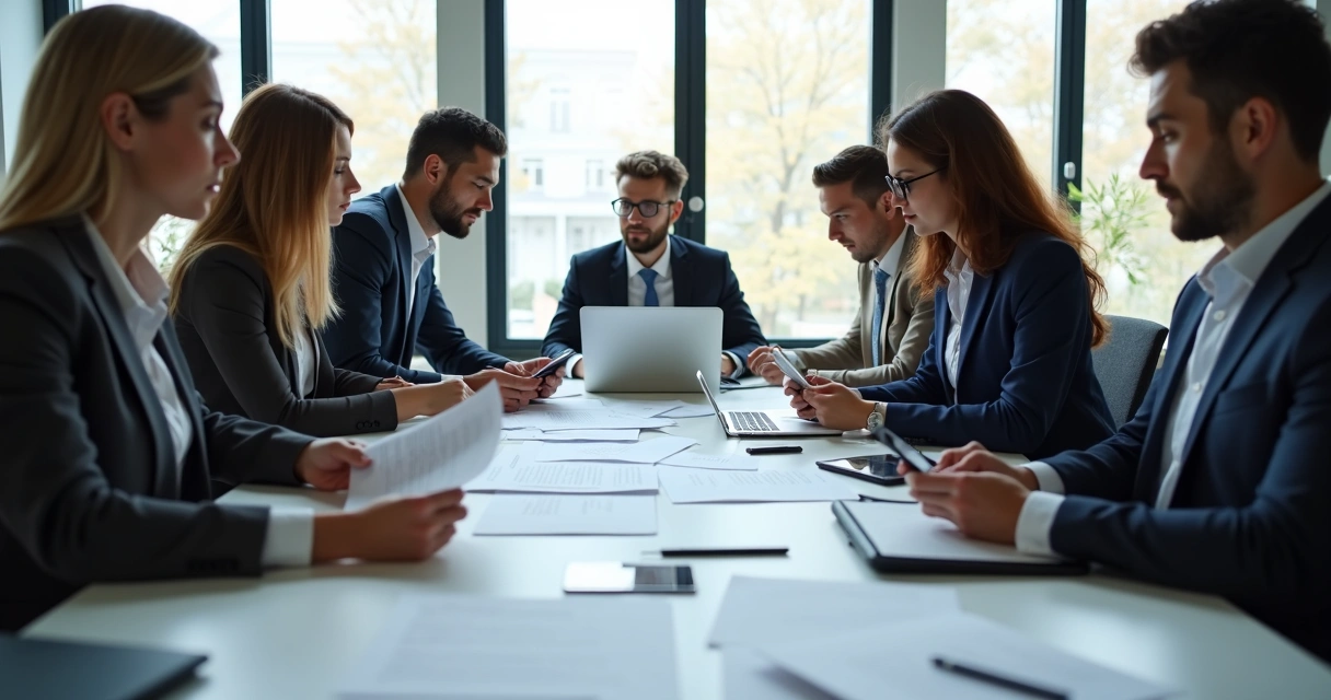 Equipe de profissionais de cobrança analisando cartas, computadores e telefones sobre mesa 
