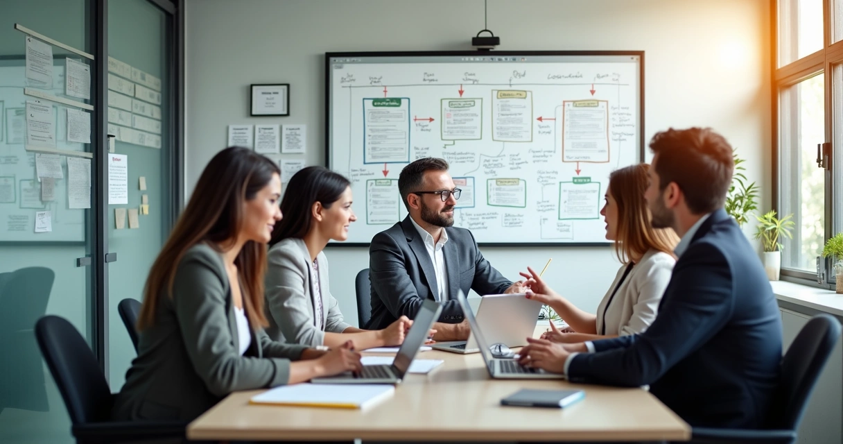 Equipe de cobrança em reunião planejando estratégias 