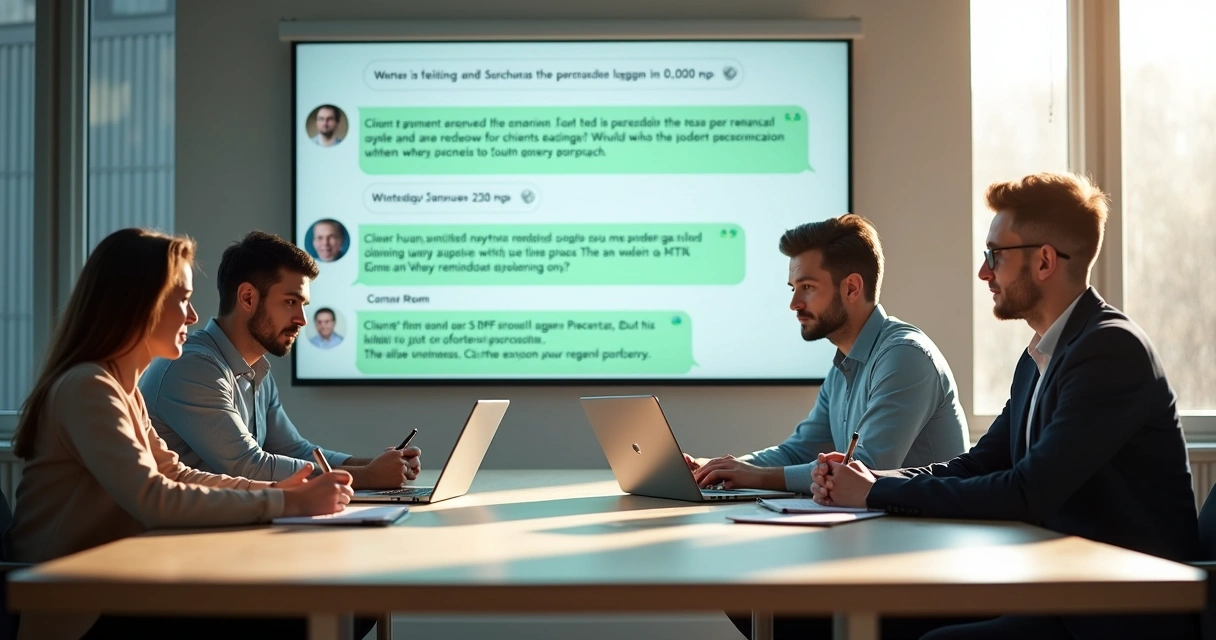 Time de cobrança analisando mensagens no WhatsApp em uma sala de reunião 