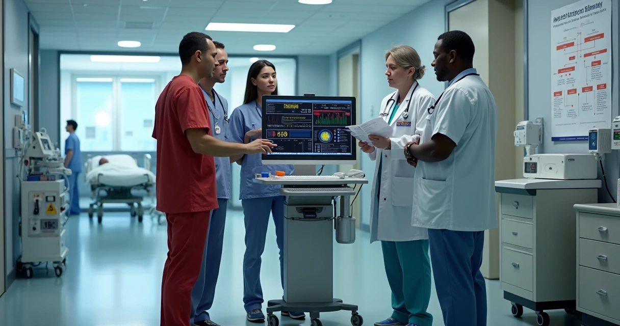 Equipe médica organizando code sepse em corredor de hospital 