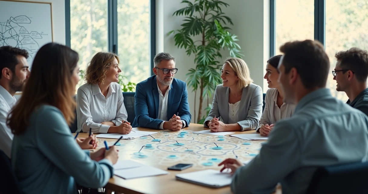 Equipe diversa em reunião em círculo com conexões sistêmicas ao fundo 