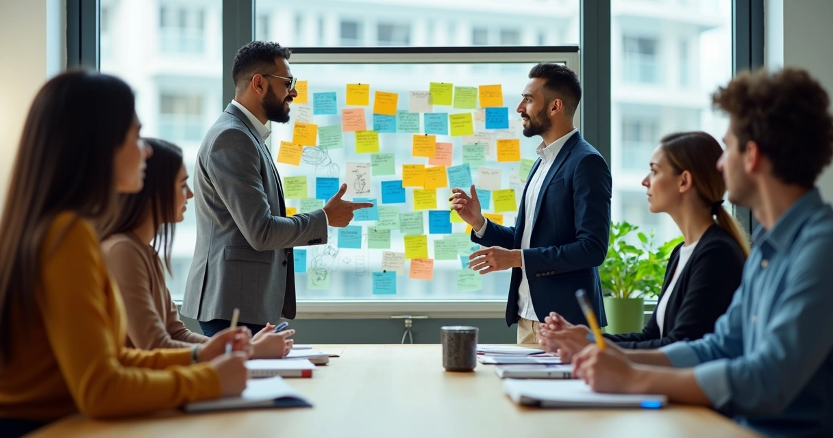 Equipe colaborando com ideias em quadro de vidro