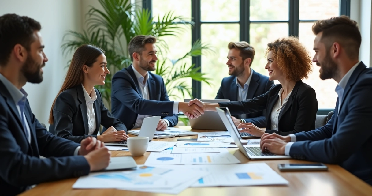 Equipe de vendas colaborando em uma mesa cheia de documentos e computador 