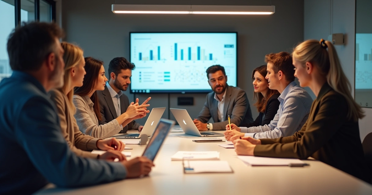 Equipe reunida conversando ao redor de uma mesa com notebooks e papéis 
