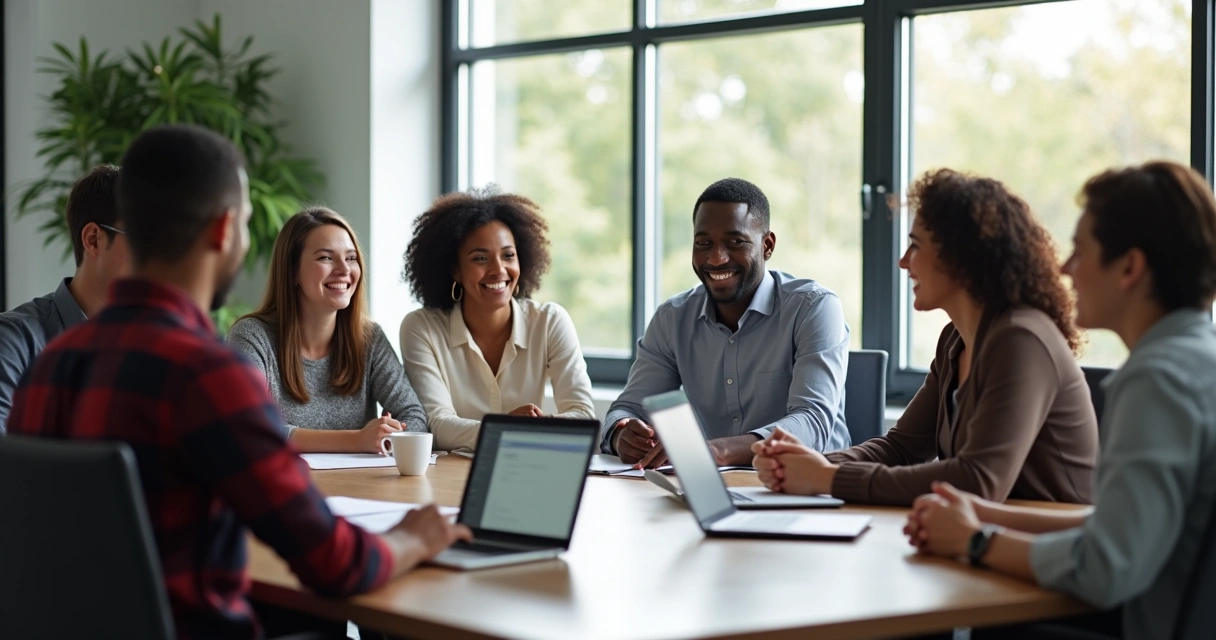 Equipe de colaboradores reunida em roda, trocando ideias em ambiente descontraído 