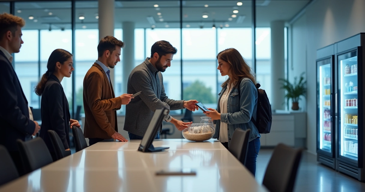 Colaboradores em ambiente corporativo usando dispositivos tecnológicos 