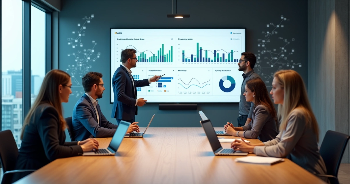 Equipe diversa analisando dashboard de dados em sala de reunião moderna 