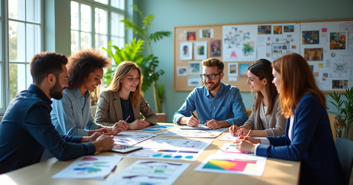 Equipe colaborando em design em um escritório moderno com amostras coloridas e ambiente iluminado.