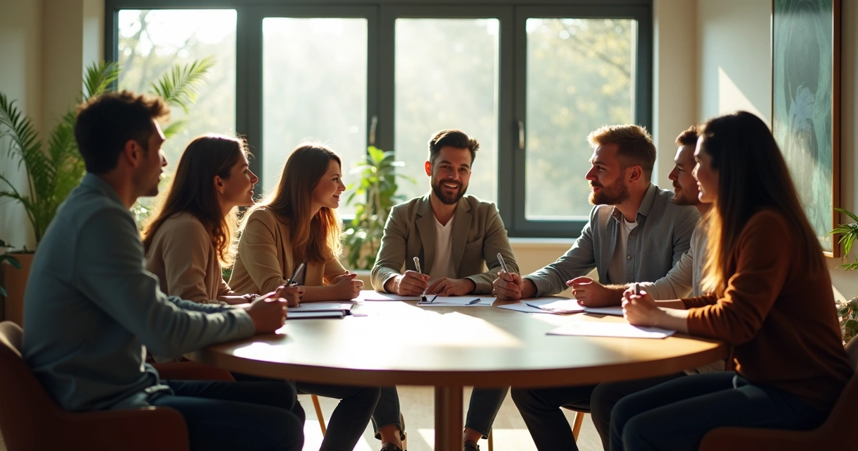 Equipes participando de reunião ao redor de mesa redonda, interagindo com papéis e notebooks 