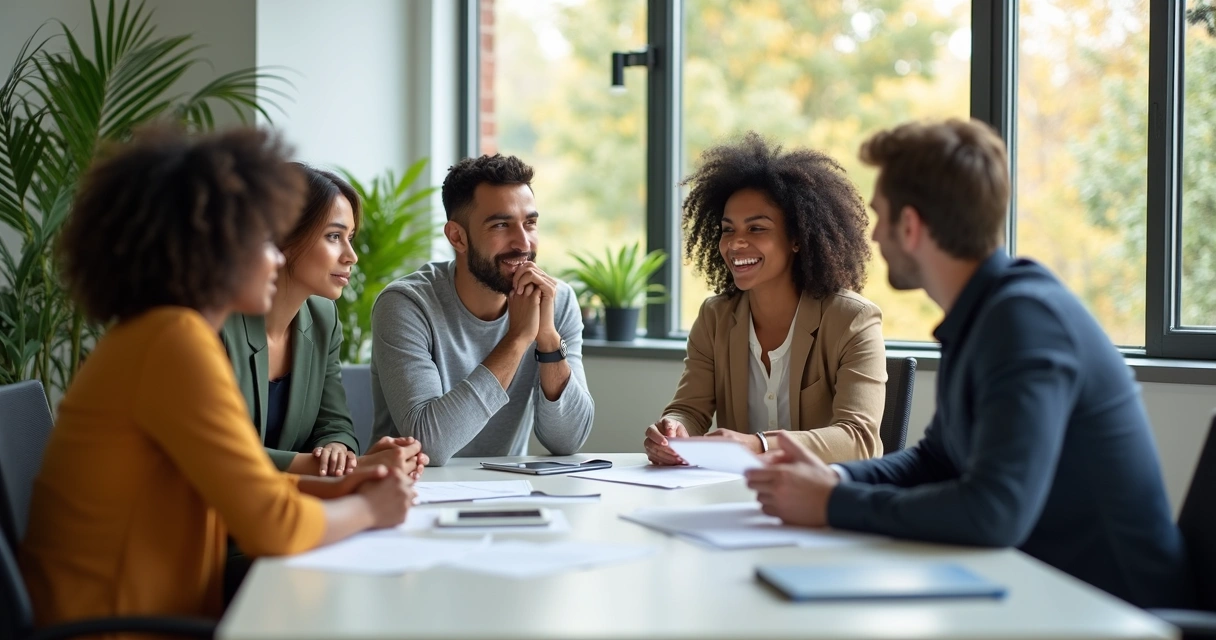 Equipe colaborando em escritório com diálogo aberto e ambiente acolhedor 