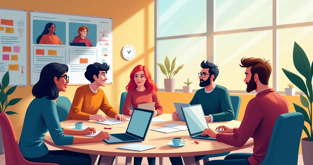 Ilustração de uma equipe colaborando em um escritório moderno, valorizando comunicação aberta e feedback.