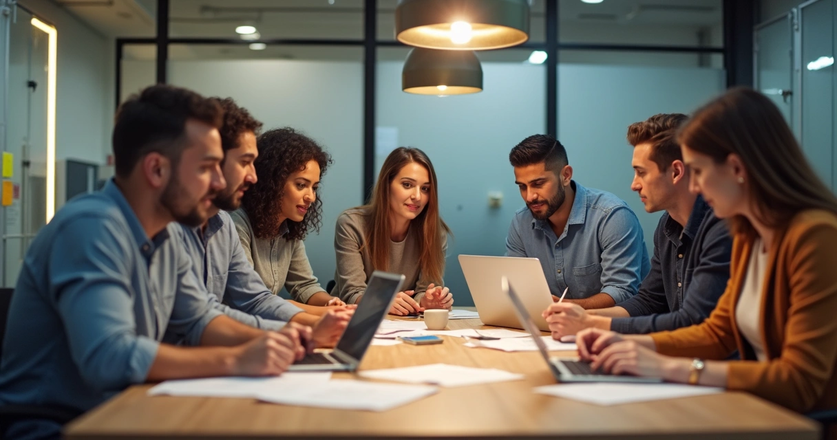 Equipe reunida em mesa de trabalho compartilhando ideias 