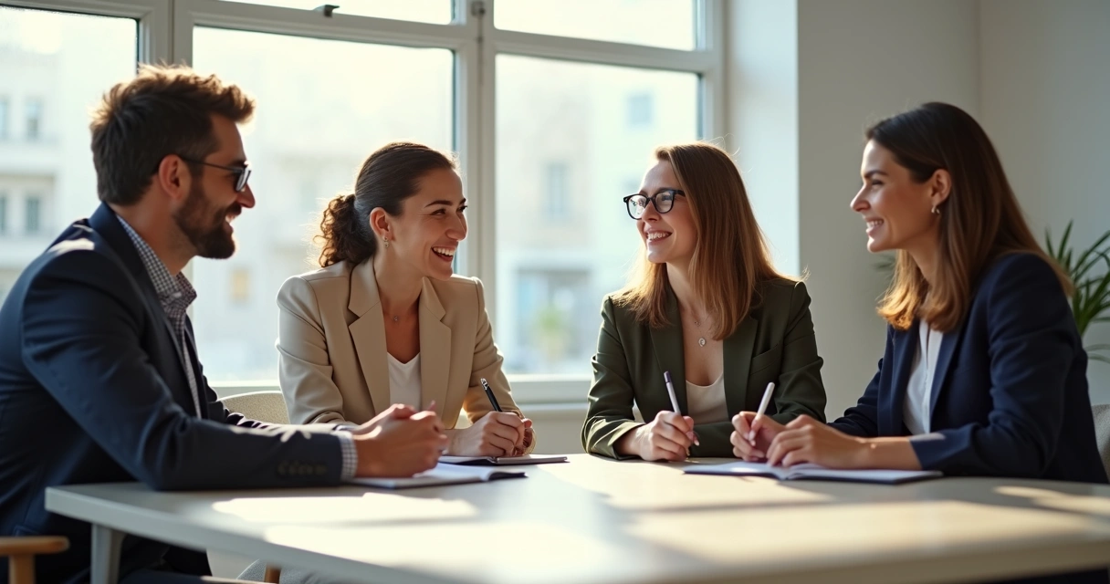 Equipe reunida em torno de uma mesa trocando feedbacks de maneira construtiva 