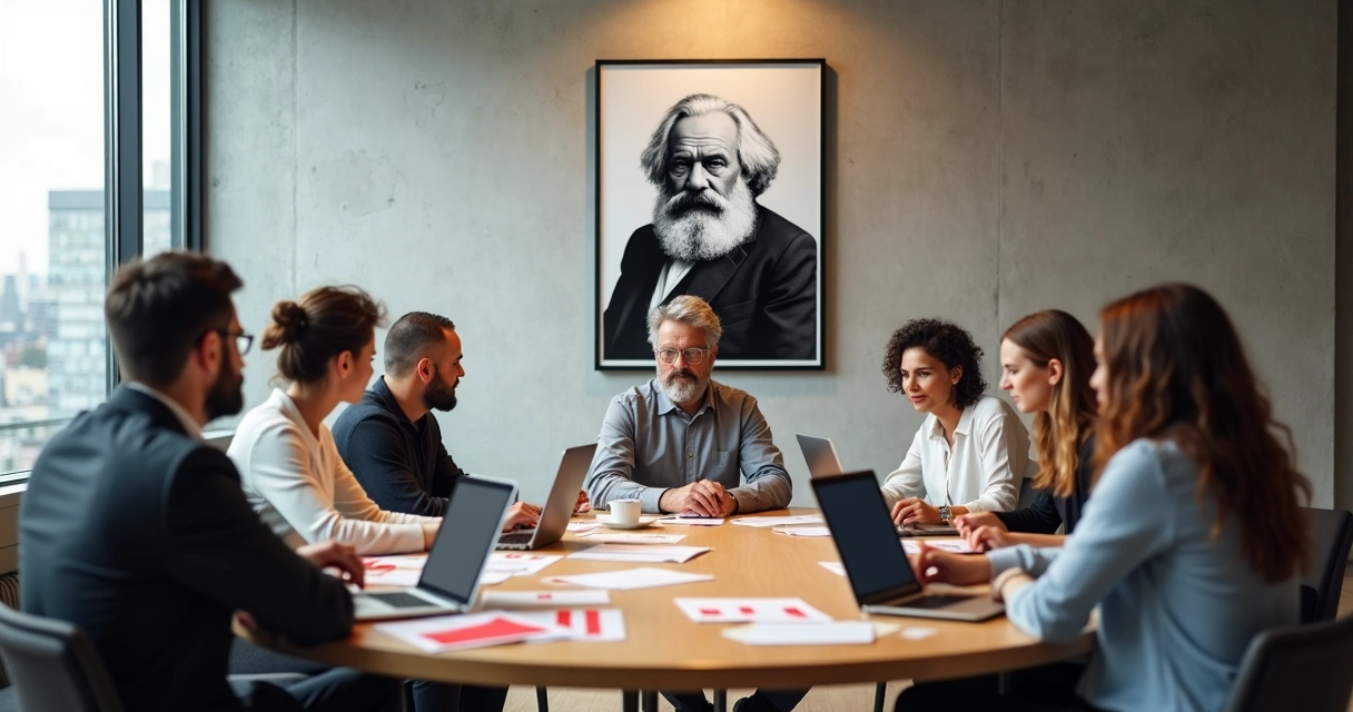 Equipe de escritório colaborando em mesa redonda com retrato de Karl Marx ao fundo 