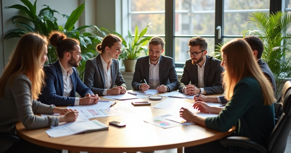 Equipe reunida em mesa colaborativa, discutindo ideias, com expressão de engajamento 