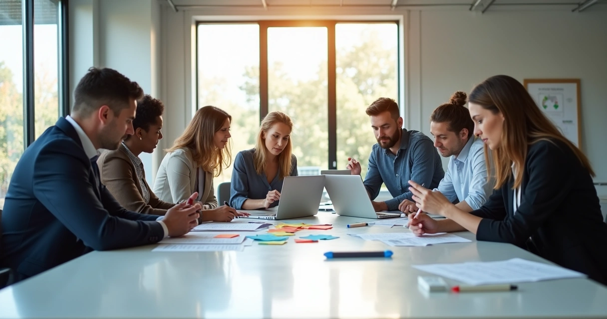 Colaboradores sentados ao redor de uma mesa discutindo ideias com papéis e laptops