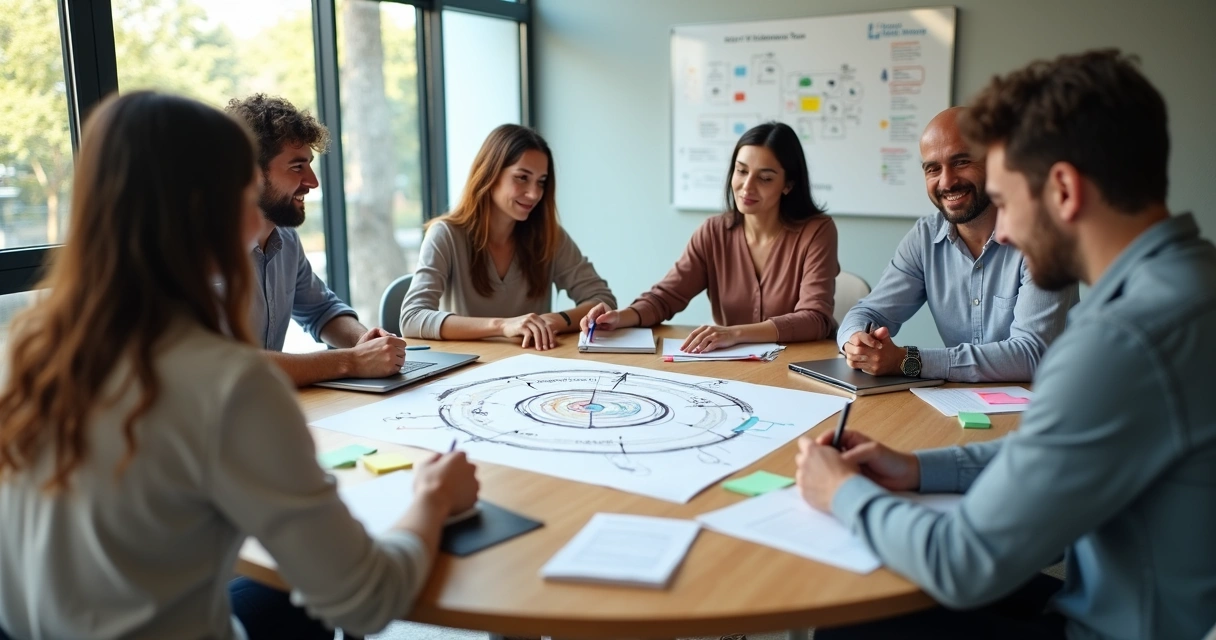 Grupo diverso em mesa redonda colaborando em projeto coletivo 
