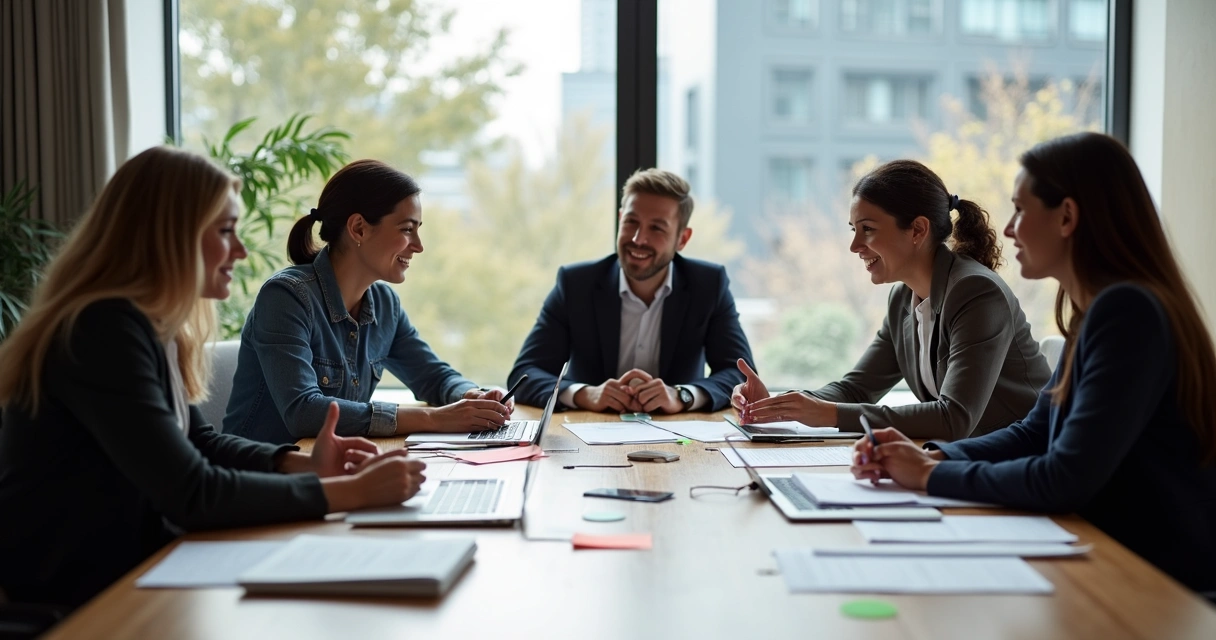 Equipe reunida colaborando em uma mesa de trabalho 
