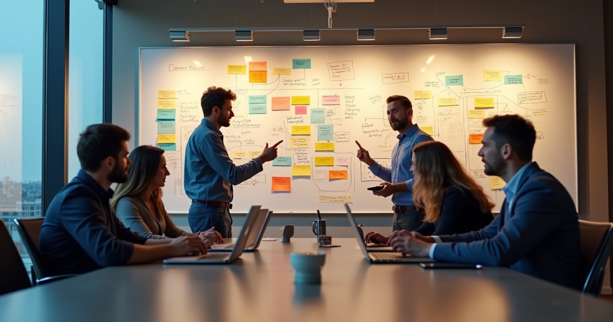 Equipe de trabalho colaborando em torno de quadros com post-its e laptops em uma sala de reunião