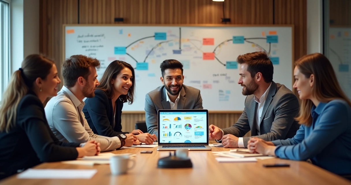 Colaboração de equipe em torno de um notebook com gráficos visíveis, simbolizando integração de processos 