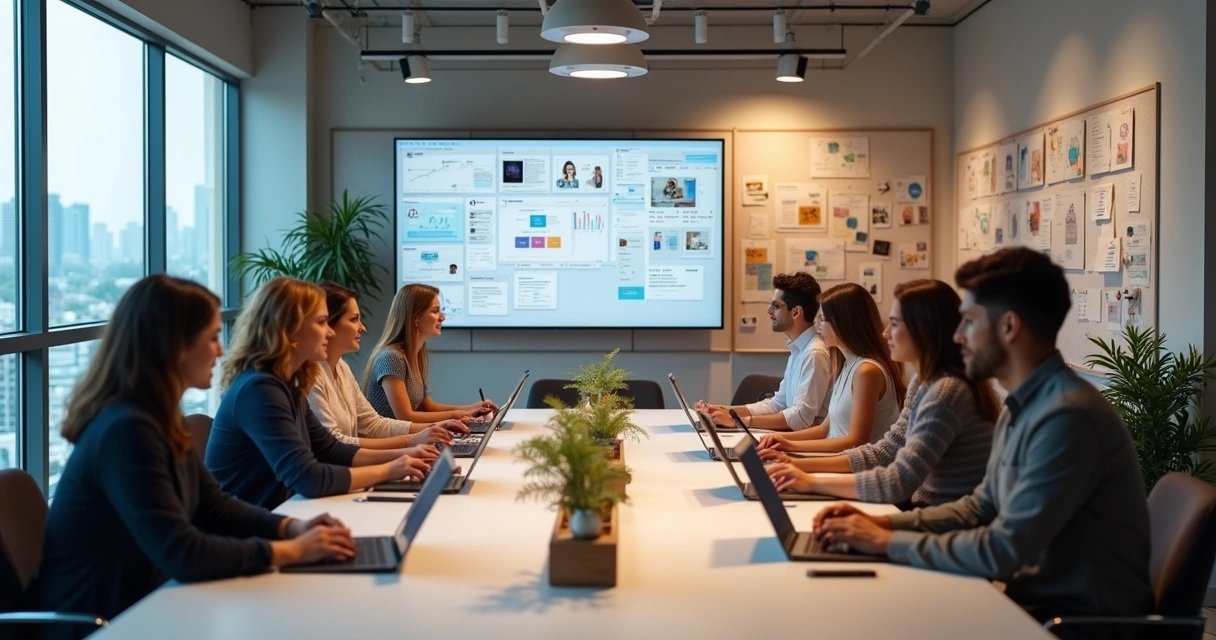 Equipe reunida colaborando em solução Notion 