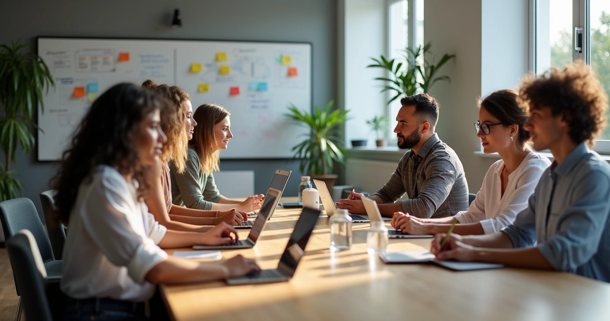 Equipe reunida em mesa de escritório usando notebooks 