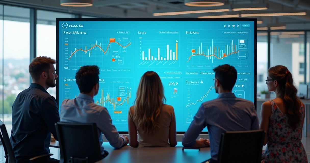 Equipe em escritório moderno colaborando em painéis digitais de ERP 