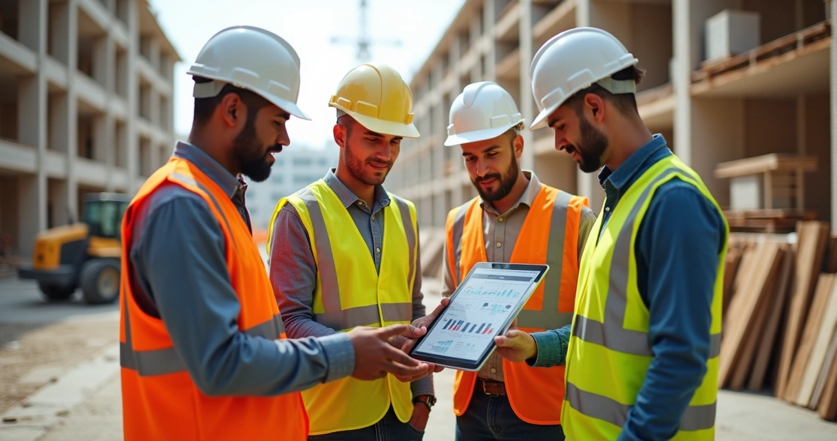 Equipe de obra usando tablet para controle de orçamento e cronograma