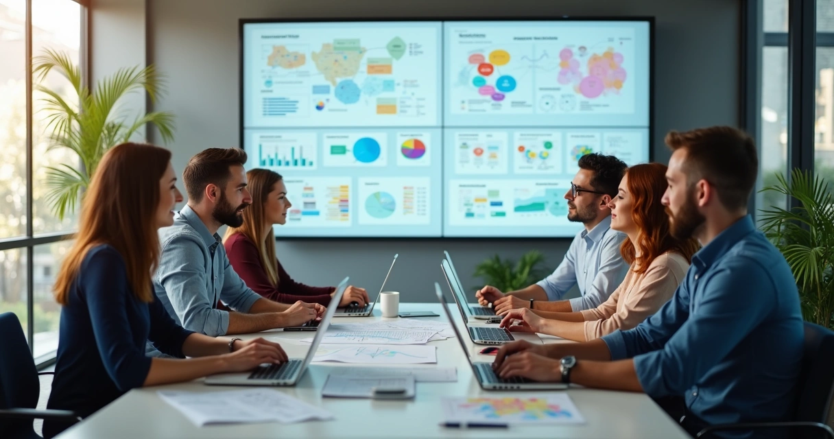 Equipe de trabalho reunida analisando gráficos e planejando integração de setores. 