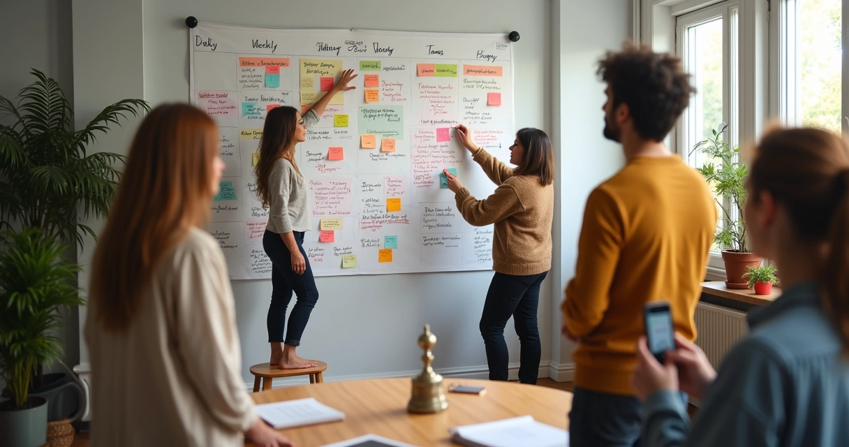 Equipe diversa em pé colaborando diante de quadro semanal colorido 
