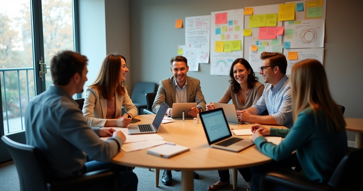 Colaboradores de equipe trocando ideias em reunião animada 