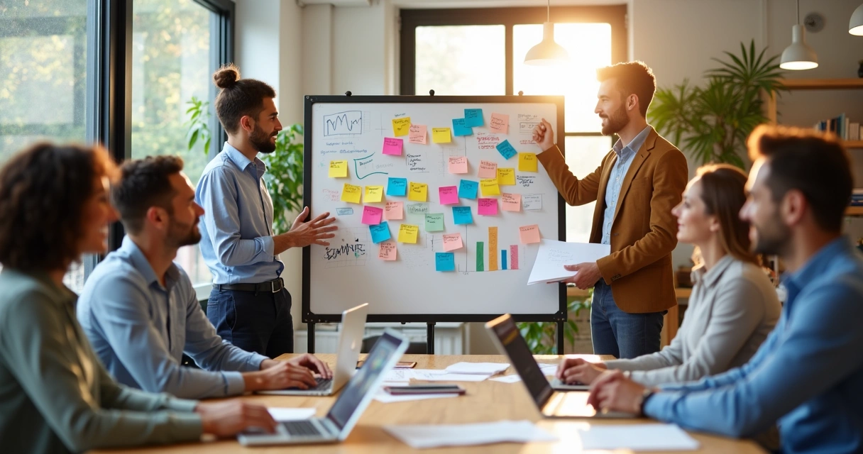 Equipe reunida em volta de uma mesa discutindo ideias com quadros e anotações ao fundo 