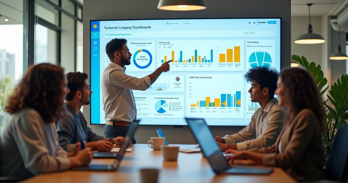 Equipe em escritório moderno colaborando em sistema interno em grande tela com gráficos 
