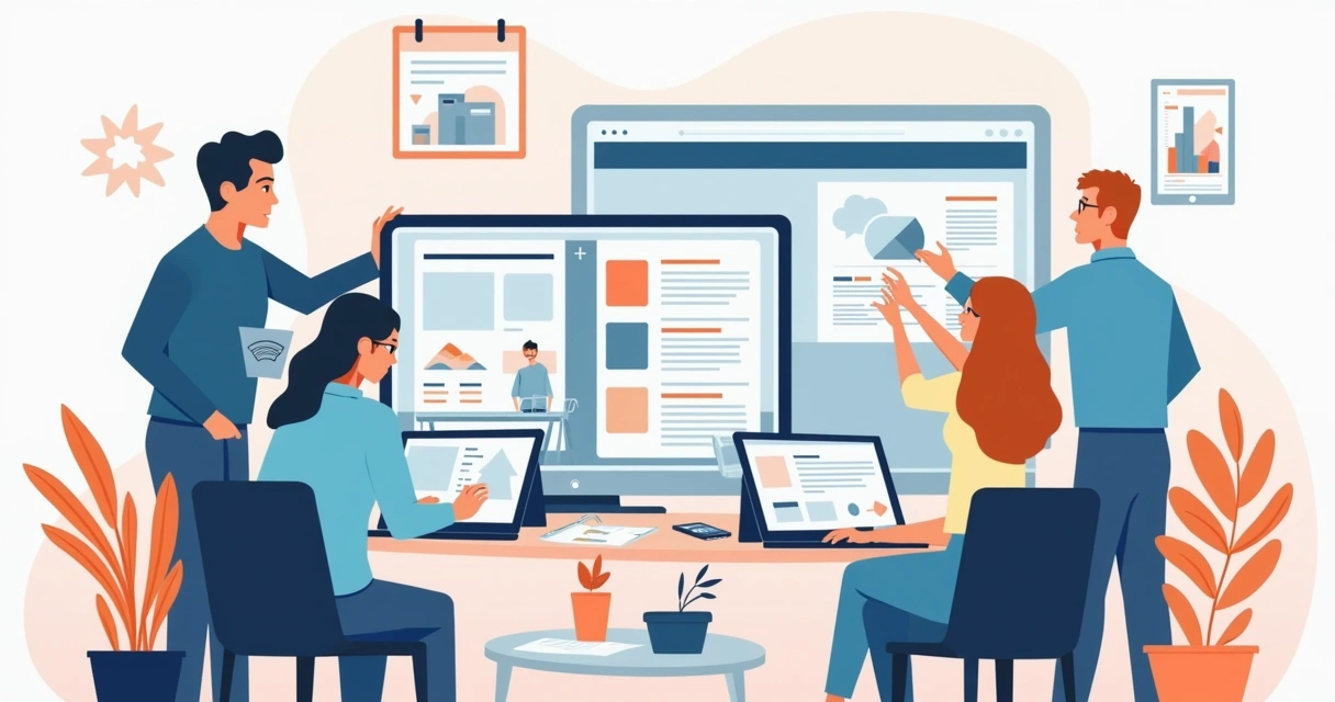 Equipe trabalhando e colaborando no design de um site 