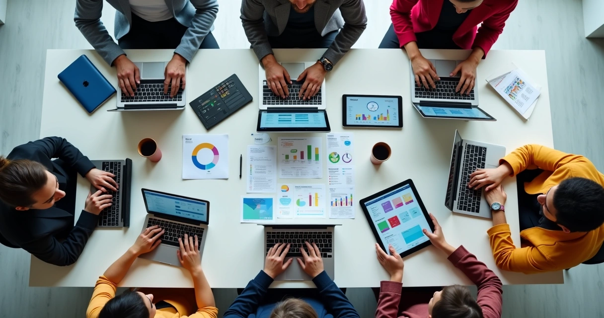Equipe de agência colaborando na criação de sites com painel digital 
