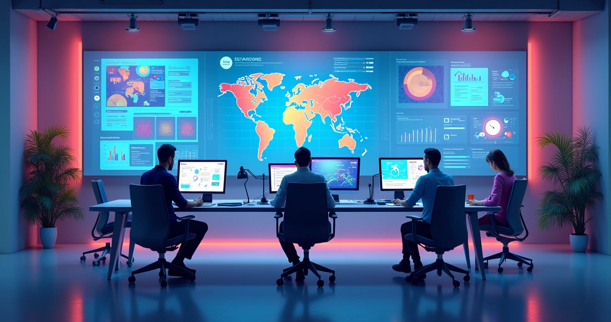 Equipe colaborando em frente a uma tela de computador com tarefas e gráficos 