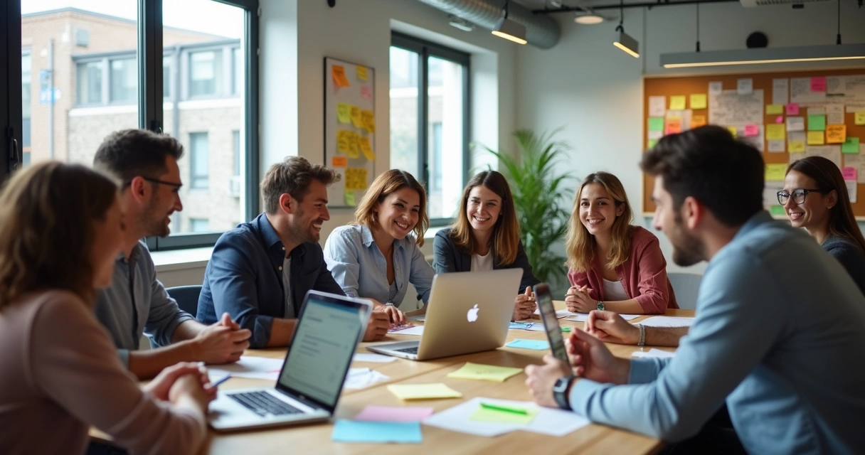 Grupo de pessoas reunidas trocando ideias de forma colaborativa 