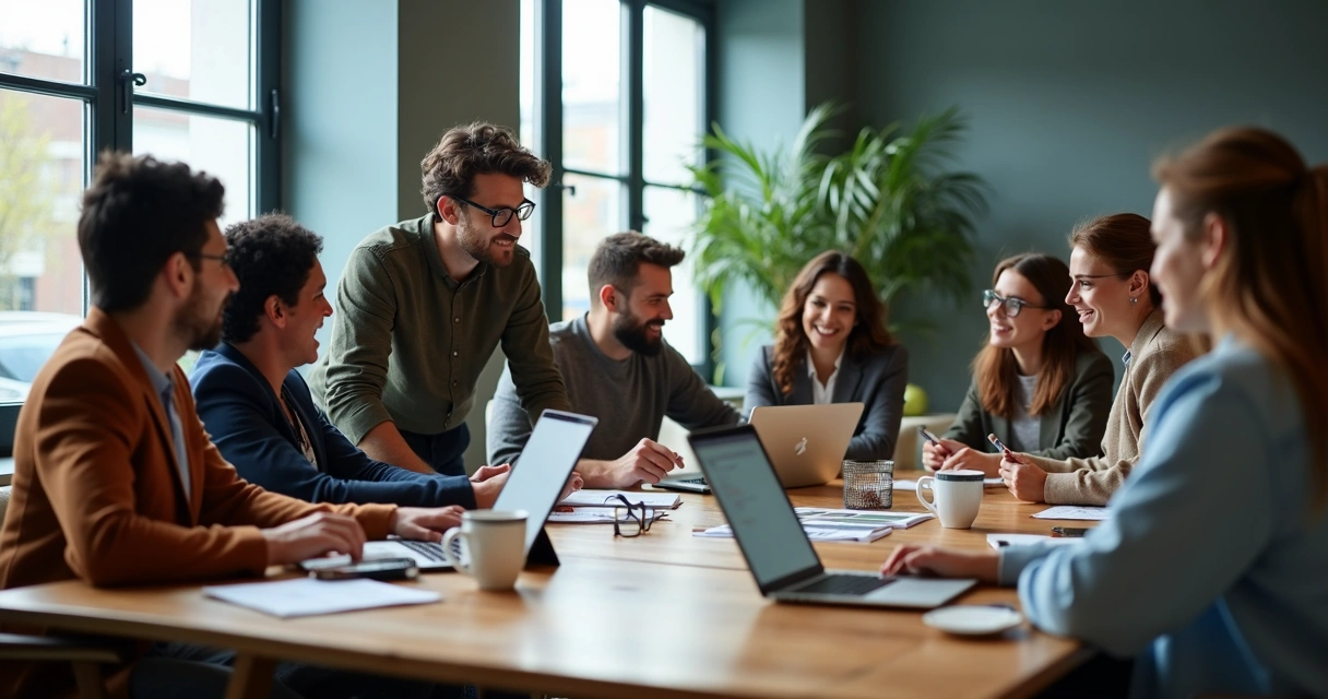 Colaboradores reunidos em torno de uma mesa discutindo ideias com tablets e computadores 