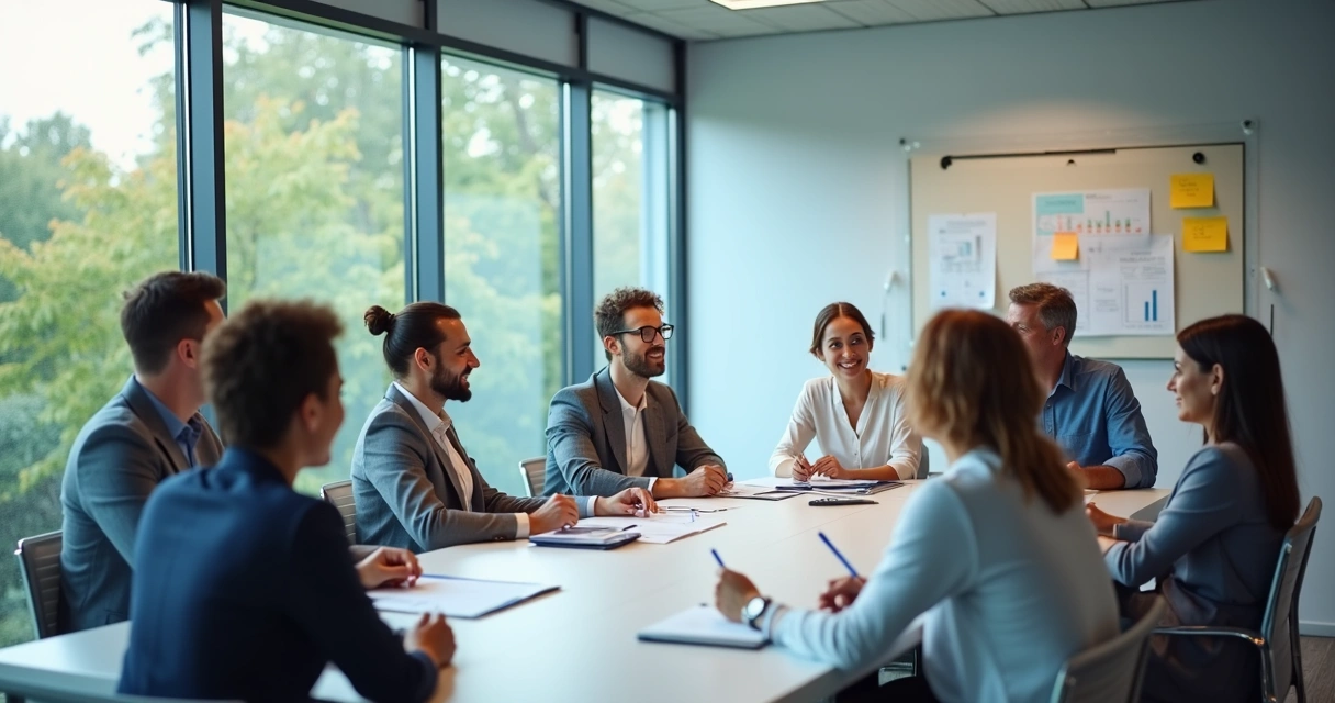 Pessoas em reunião colaborativa em torno de uma mesa grande, trocando ideias 