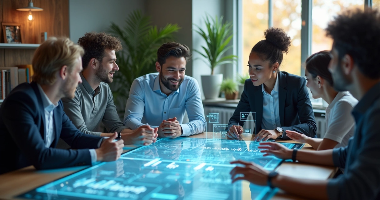 Equipe colaborativa reunida discutindo dados em ambiente moderno 