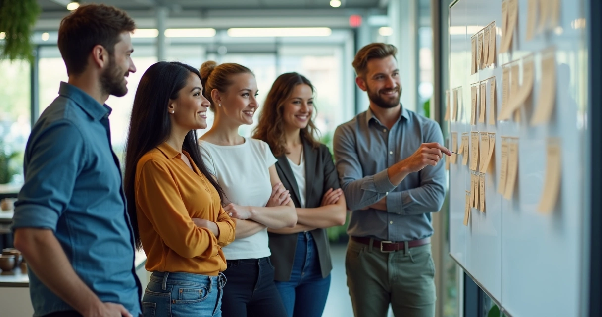 Equipe colaborativa trocando ideias em ambiente de trabalho moderno 