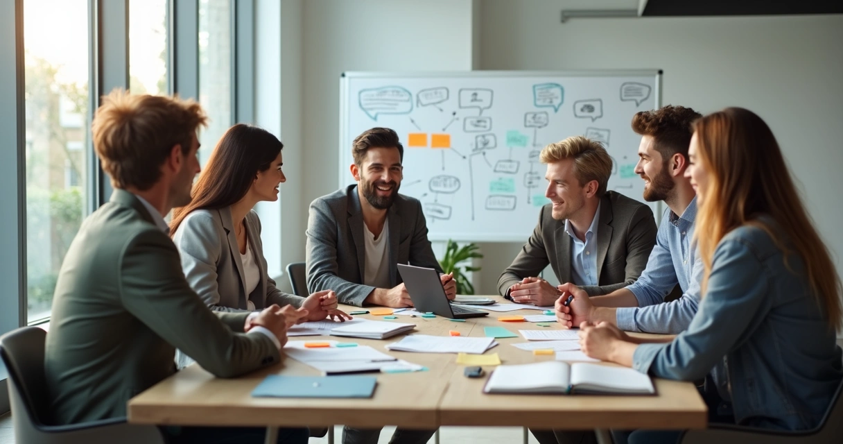 Equipe diversa reunida em círculo colaborando em um escritório moderno 