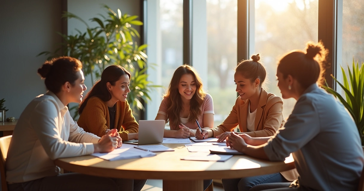 Equipe de trabalho reunida em mesa redonda em ambiente iluminado modernamente 