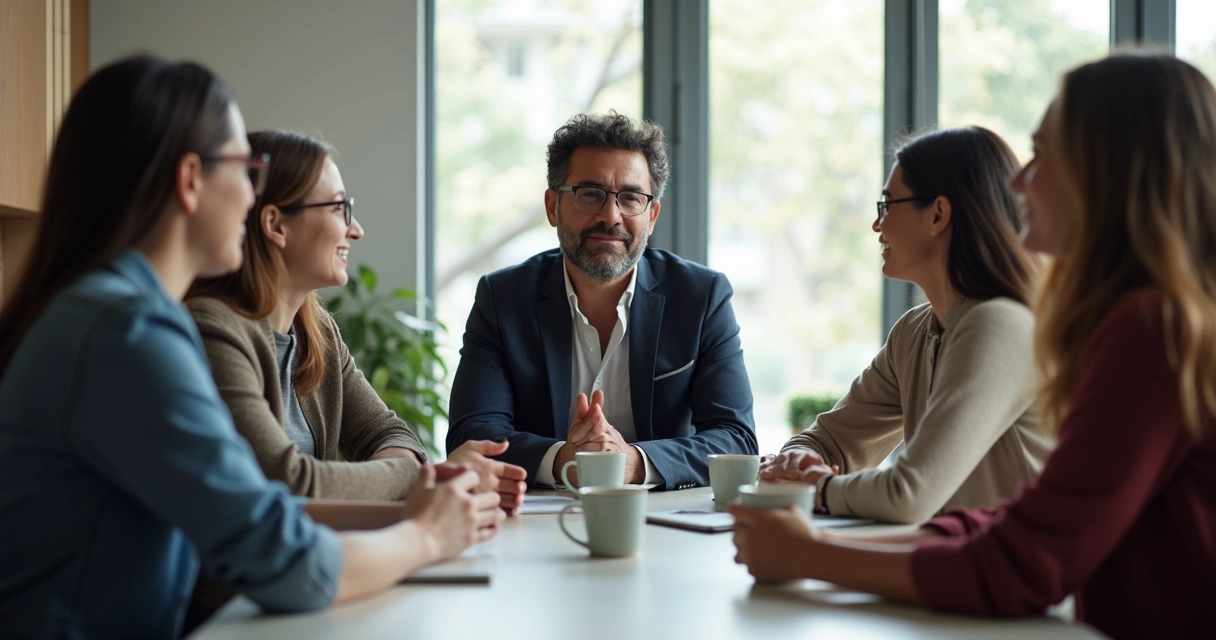 Equipe em roda de conversa, colaborando com líder